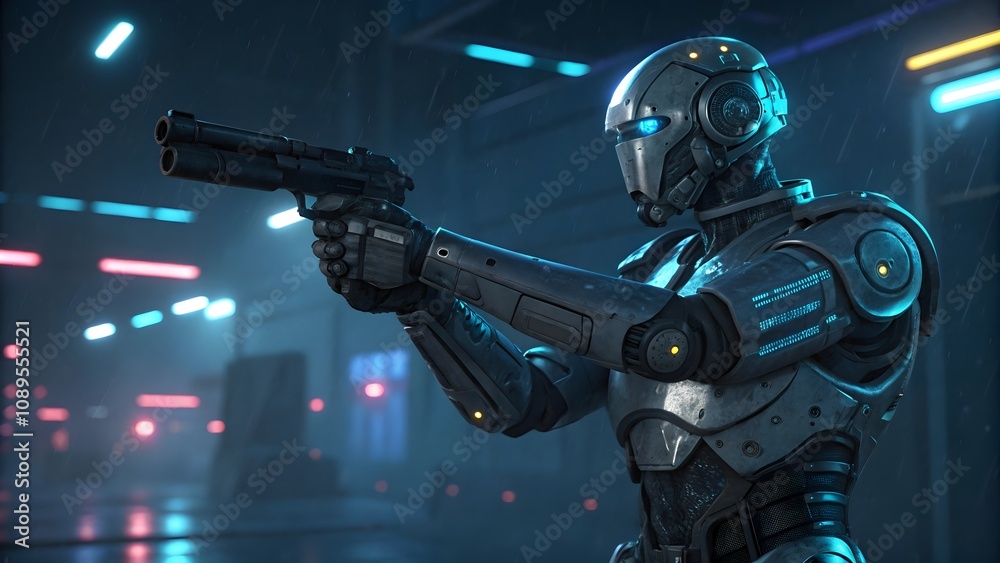 Futuristic robot holding a weapon in sharp detail, Sci-fi robot armed with a gun in action
Futuristic robot holding a weapon in sharp detail, Sci-fi robot armed with a gun in action