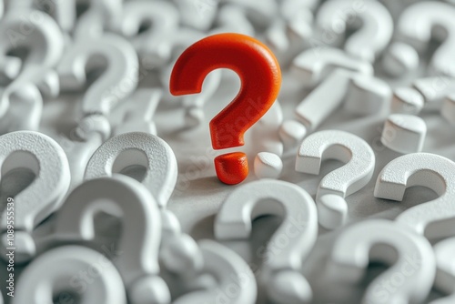 A cluster of white question marks, each with a red question mark in the center
