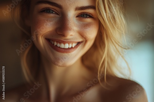 A happy woman with a smile on her face in a close-up shot