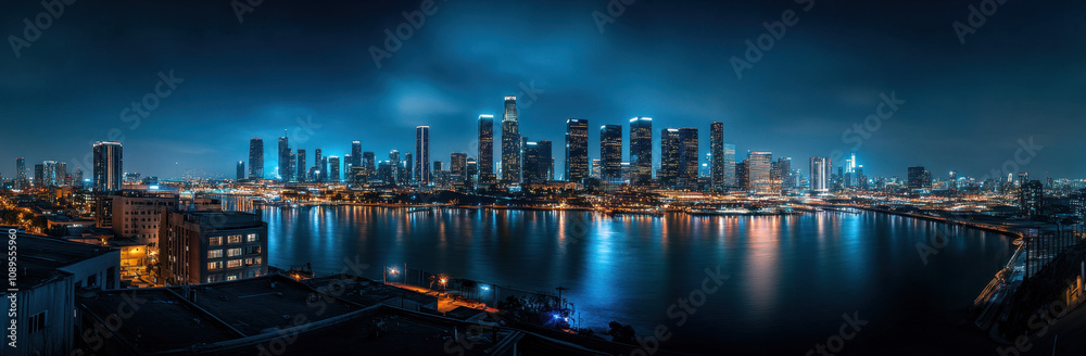 Fototapeta premium A panoramic view of a city skyline at night, reflecting on water.