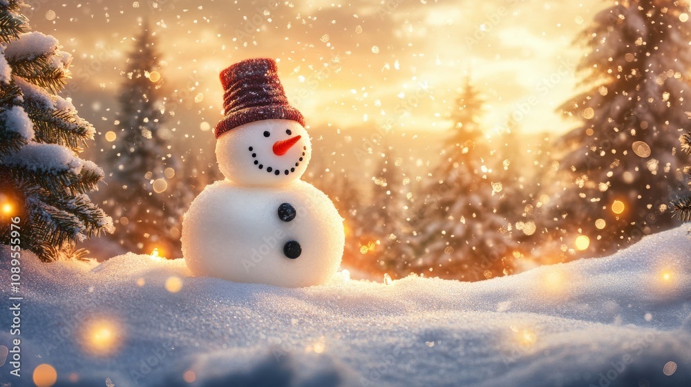 Obraz premium Snowman in a Winter Wonderland with Falling Snow and a Sunset