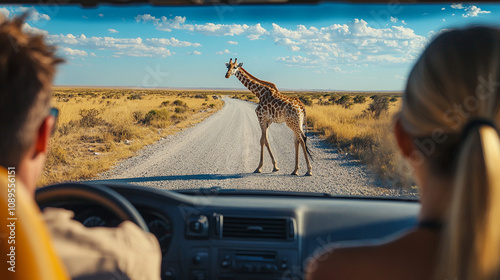 Photos A man and woman drive down a road as a giraffe crosses