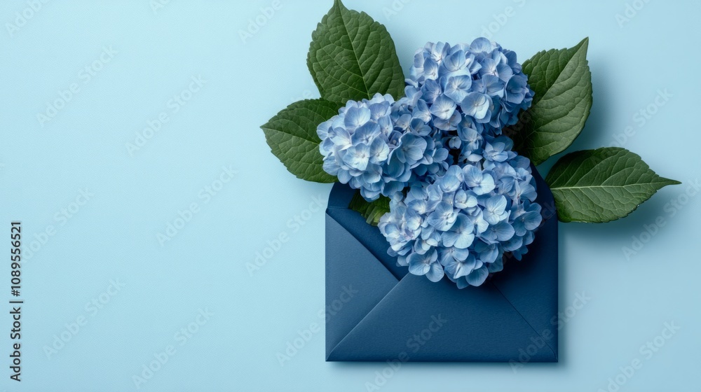 Blue hydrangeas in a dark blue envelope on a light blue background, soft and sophisticated, generative ai Blue hydrangeas in a dark blue envelope on a light blue background, soft and sophisticated, generative ai