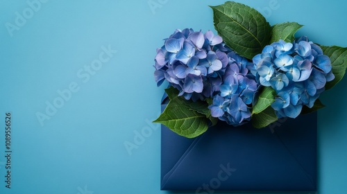 Blue hydrangeas in a dark blue envelope on a light blue background, soft and sophisticated, generative ai