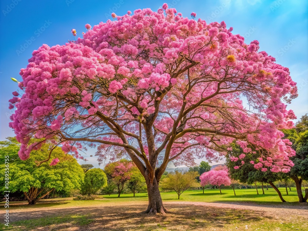Blooming pink trumpet tree, vibrant park. Thirds composition. Blooming pink trumpet tree, vibrant park. Thirds composition.