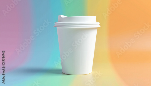  Minimalist White Takeaway Cup Against Soft Rainbow Pastels with Copy Space photo