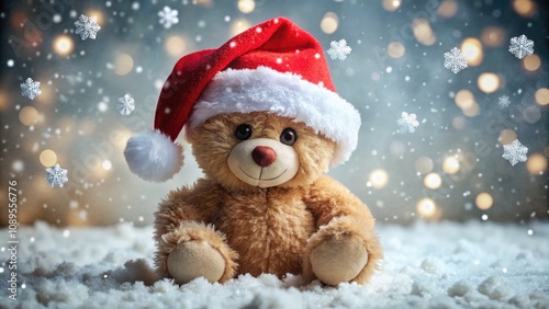 Cute Teddy Bear With Santa Hat on Light Pink Background During Winter Season. Generative AI