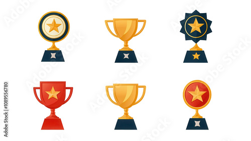 Collection of trophies and awards representing achievement and success.