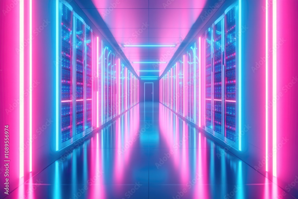 Rows of servers and neon lights in a data center hallway Rows of servers and neon lights in a data center hallway