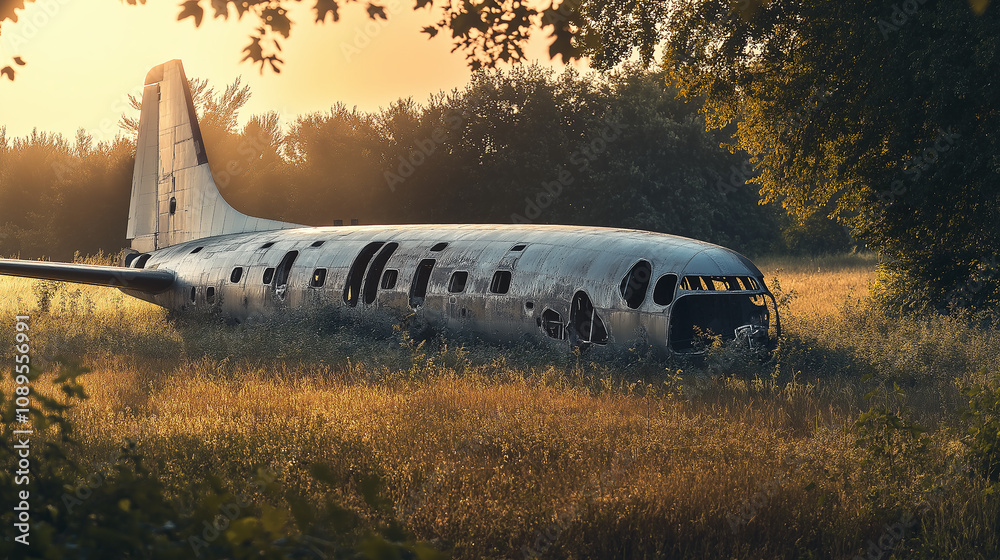 Fototapeta premium Twisted fuselage of abandoned airplane in overgrown field, sunlight filtering through cracks