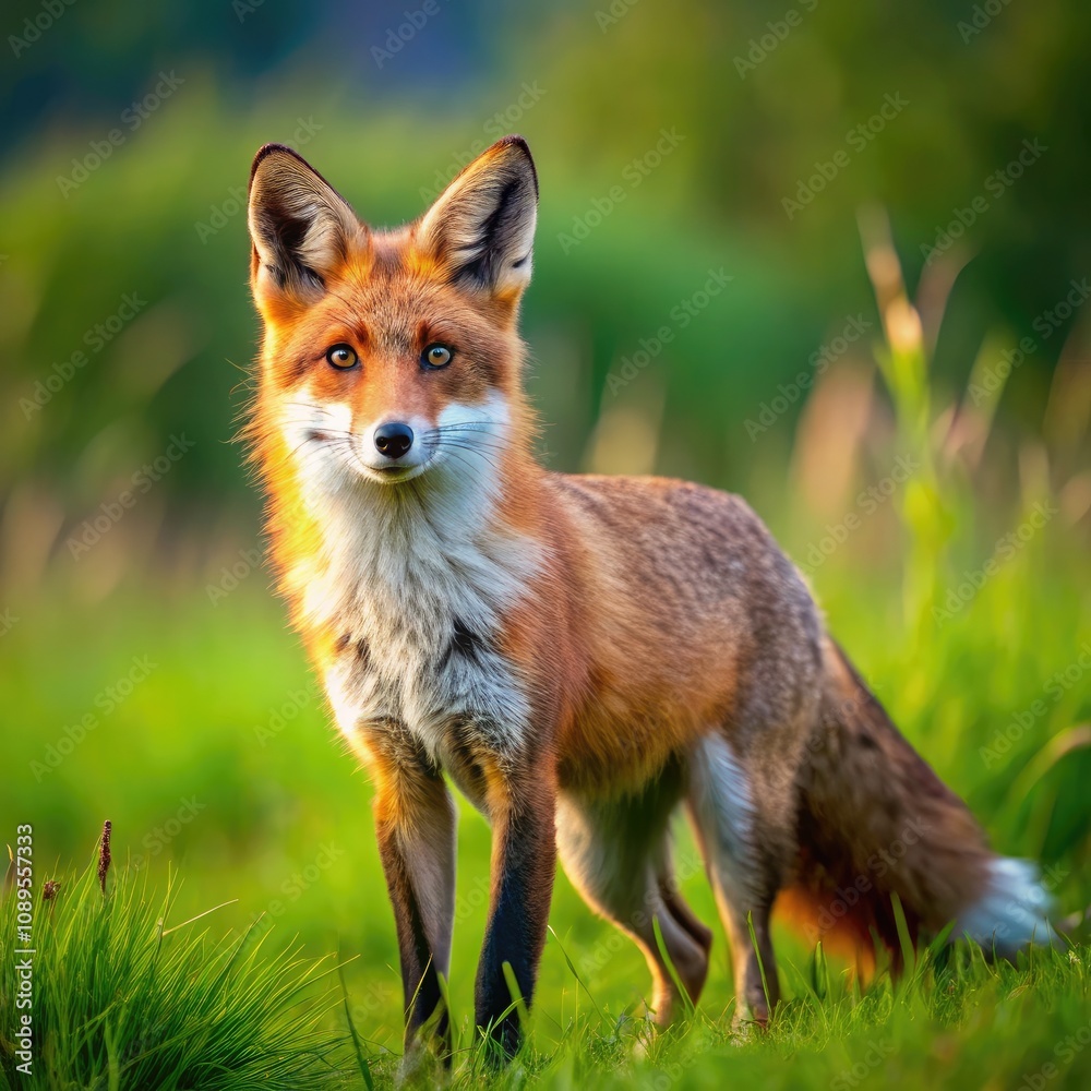 Red Fox Stands Alert on Grassland During Warm Summer Day. Generative AI Red Fox Stands Alert on Grassland During Warm Summer Day. Generative AI
