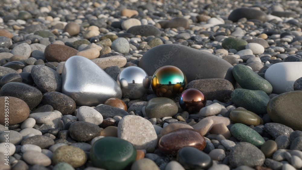 sea pebbles on the beach and silver balls sea pebbles on the beach and silver balls