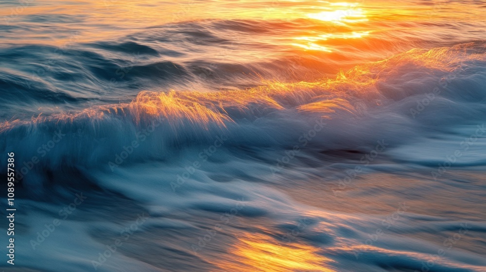 Serene Sunset Over Ocean Waves with Vibrant Colors Reflecting on Water Surface, Creating a Tranquil and Peaceful Atmosphere for Nature Lovers Serene Sunset Over Ocean Waves with Vibrant Colors Reflecting on Water Surface, Creating a Tranquil and Peaceful Atmosphere for Nature Lovers