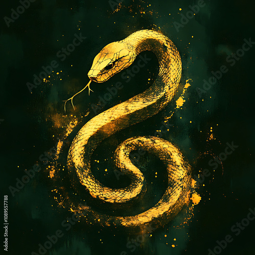 golden snake illustration with minimalistic design, featuring intricate scales and vibrant green background. artwork evokes sense of elegance and mystique photo