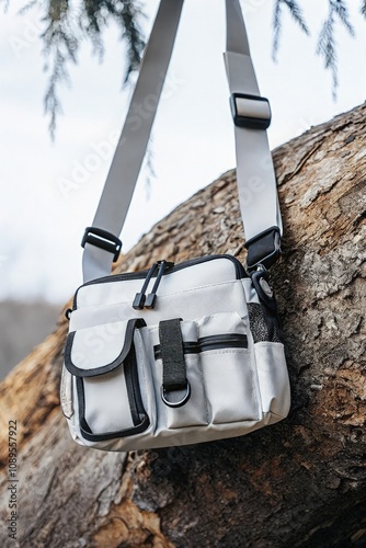 Shoulder Bag Showcasing Techwear Style in White Hanging on a Log. Generative AI photo