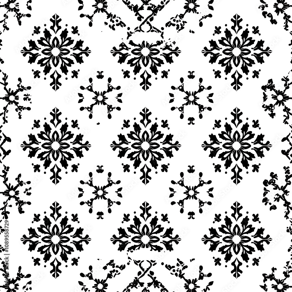 Elegant black and white floral pattern featuring intricate designs and symmetrical shapes, perfect for festive occasions and creative projects Elegant black and white floral pattern featuring intricate designs and symmetrical shapes, perfect for festive occasions and creative projects