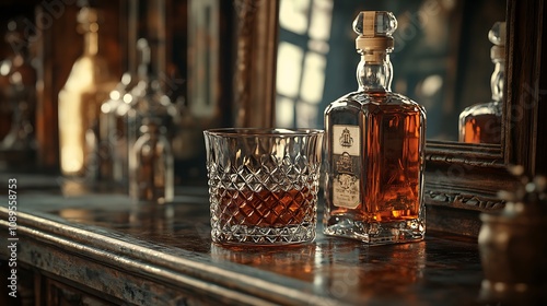 A detailed shot of a classic liqueur glass on a weathered bar counter, with an antique bottle and an old bar mirror reflecting dim, warm light, photo