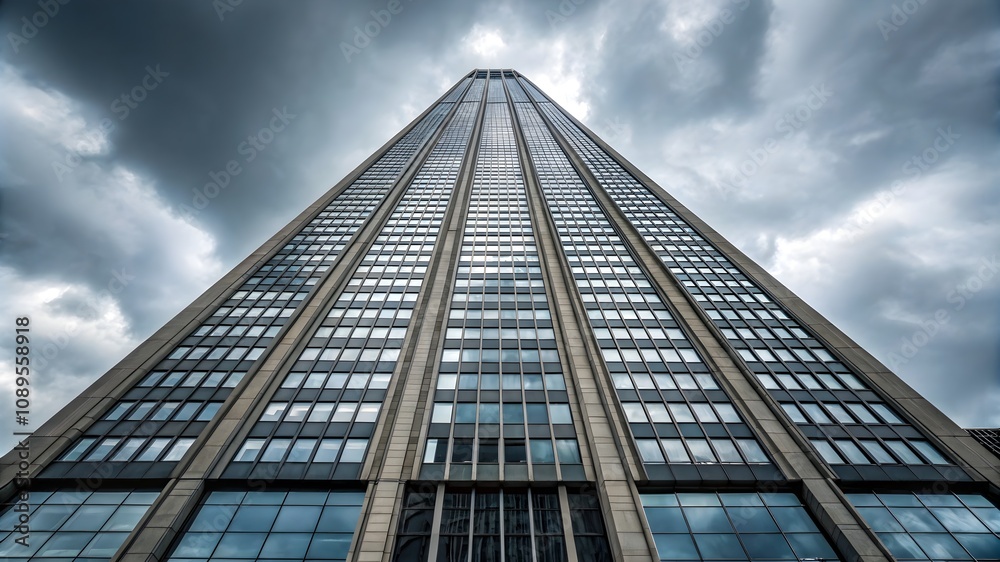 Skyscraper with modern window architecture, High-rise building with geometric design and numerous windows Skyscraper with modern window architecture, High-rise building with geometric design and numerous windows