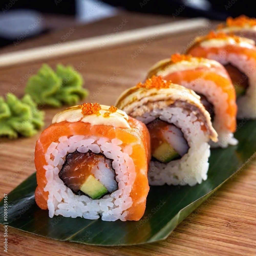 A macro shot, extreme close-up of sushi being rolled, with focus on the precise placement of fish and rice, no people. A macro shot, extreme close-up of sushi being rolled, with focus on the precise placement of fish and rice, no people.