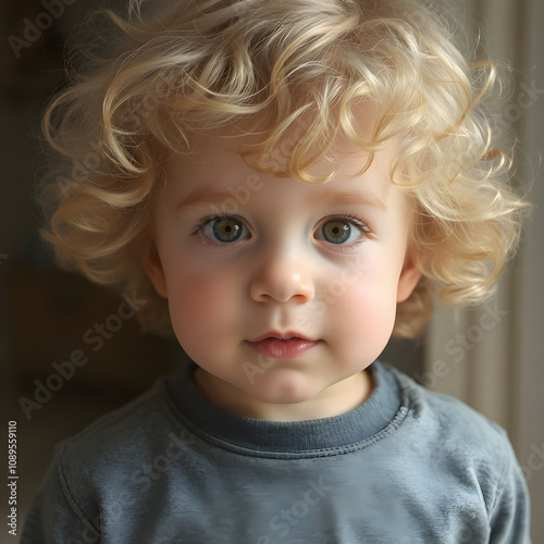 Ternura infinita en un niño rubio con ojos azules y rizos encantadores. photo