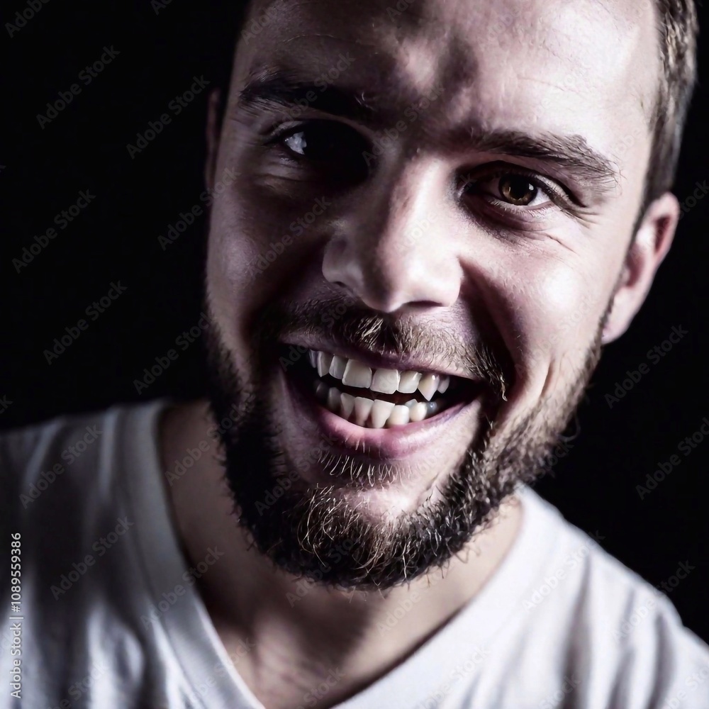 Obraz premium A close-up of a nightmarish figure's horrific grin, its teeth jagged and too sharp. The soft focus creates an eerie dreamlike effect as the edges of its face blur into the darkness