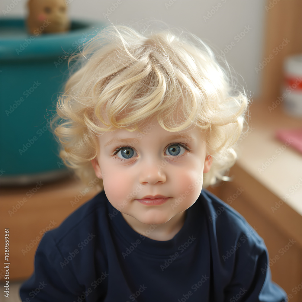 Un adorable niño rubio con rizos y ojos azules llenos de ternura.