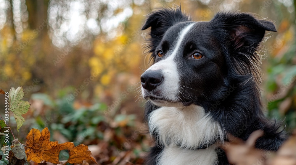A black and white dog sitting amidst fallen leaves, a perfect autumn scene A black and white dog sitting amidst fallen leaves, a perfect autumn scene