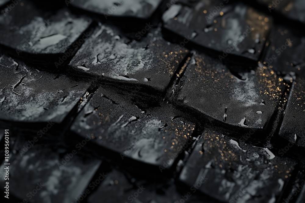 This close-up shot reveals textured black tiles with rain, enhancing their allure and elegance. This close-up shot reveals textured black tiles with rain, enhancing their allure and elegance.