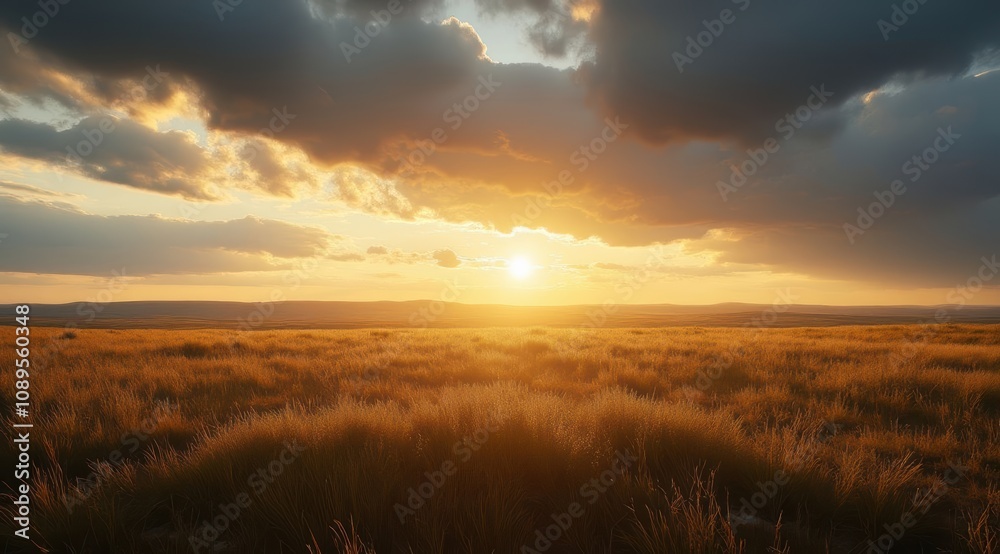 Golden sunset over a grassy landscape Golden sunset over a grassy landscape