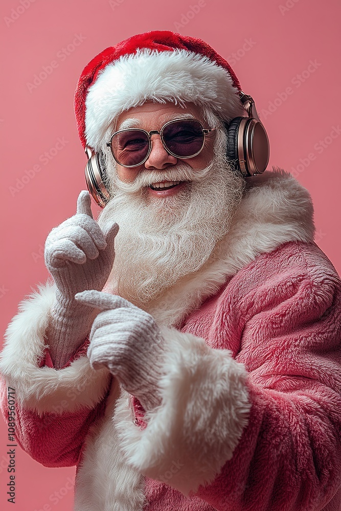 Cool and cheerful Santa Claus sings and dances on a bright background in sunglasses and headphones Cool and cheerful Santa Claus sings and dances on a bright background in sunglasses and headphones