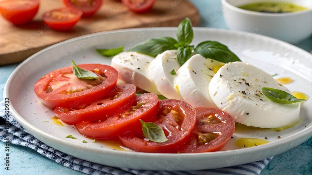 Plate of Caprese Salad with Tomatoes and Mozzarella, Italian Cuisine Dish on a White Plate
Plate of Caprese Salad with Tomatoes and Mozzarella, Italian Cuisine Dish on a White Plate