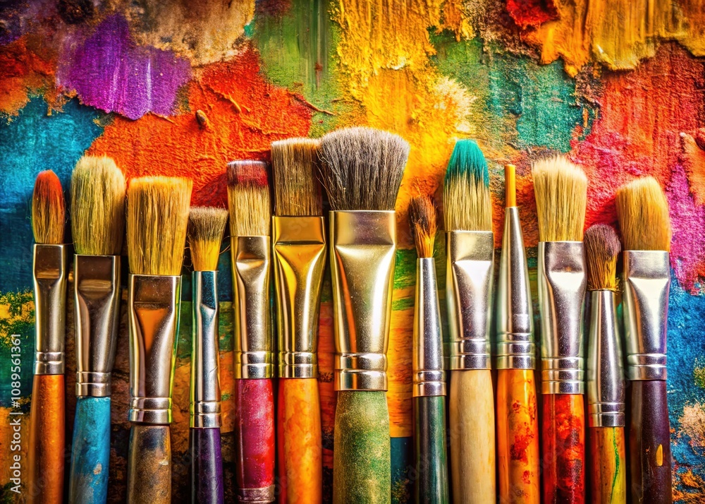 Fototapeta premium Brushes on canvas, vertical studio backdrop.