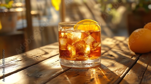 A glass of chilled liqueur filled with ice cubes and vibrant citrus slices, placed on a rustic wooden table, with the sun shining brightly, casting playful shadows,