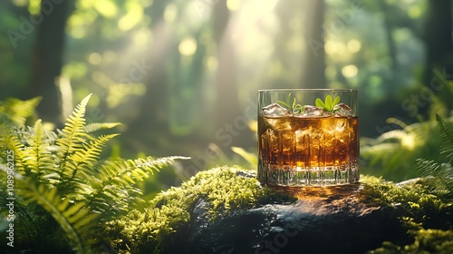 A glass of herbal liqueur placed on a moss-covered stone, surrounded by vibrant green ferns and illuminated by dappled sunlight filtering through the forest canopy,