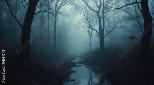 Mysterious fog enveloping dark forest