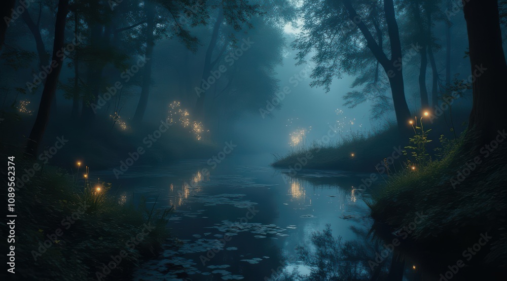 Serene misty forest at twilight Serene misty forest at twilight