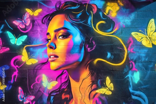 A graffiti portrait of a woman with neon butterflies surrounding her, with bold, vibrant colors blending into swirling abstract shapes.