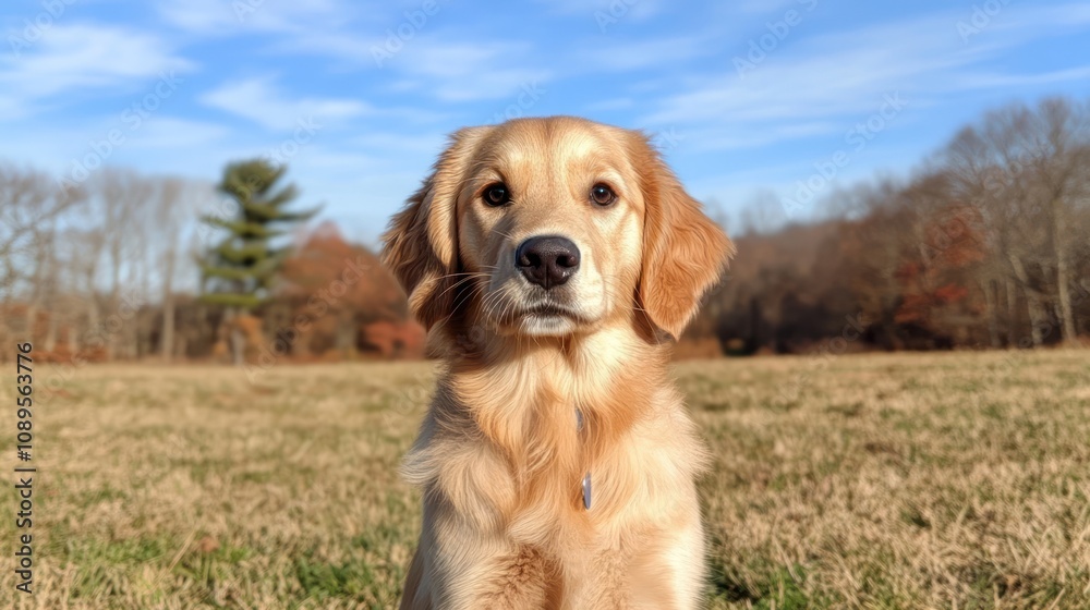 Playful Golden Retriever Puppy in Sunny Field