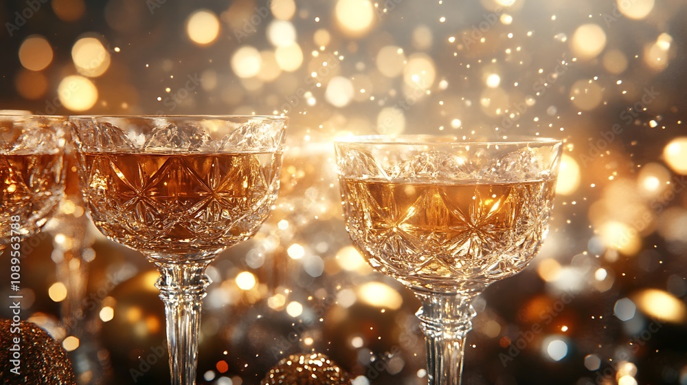 A luxurious party scene with crystal glasses of liqueur raised for a toast, set against a backdrop of shimmering gold and silver decorations, A luxurious party scene with crystal glasses of liqueur raised for a toast, set against a backdrop of shimmering gold and silver decorations,
