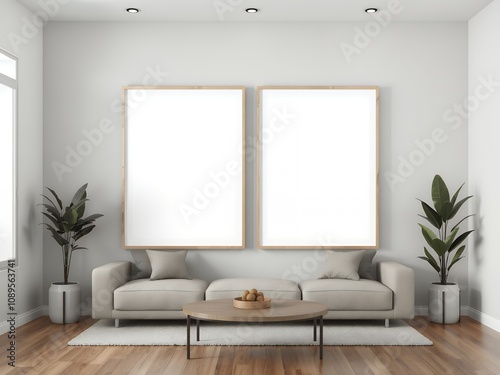 Modern living room with minimalistic decor and empty frames on the wall