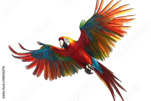 A colorful parrot flying with its wings spread wide, isolated on a PNG white background.