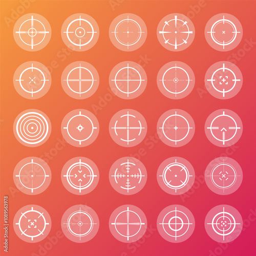 Colorful sniper rifle sights, weapon optical scope crosshair. Hunting gun viewfinder. Shooting mark symbol, aim. Military target sign. Game interface UI element. Vector illustration