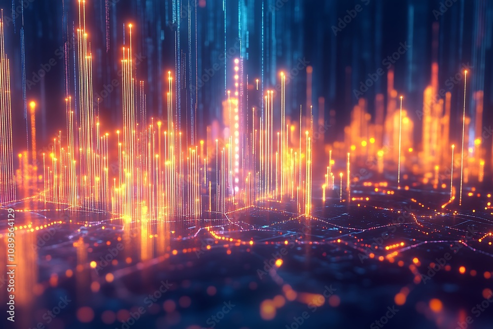 Abstract glowing business network connecting cityscapes and charts