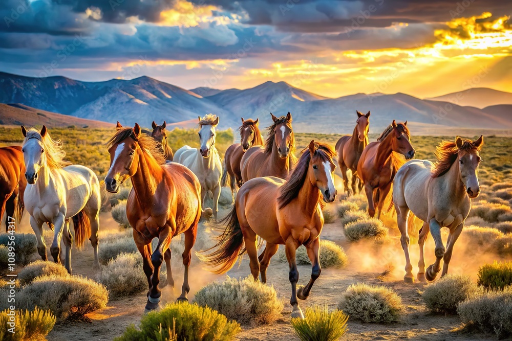 Obraz premium Capturing wild horses in their protected habitat through AI-enhanced photography.
