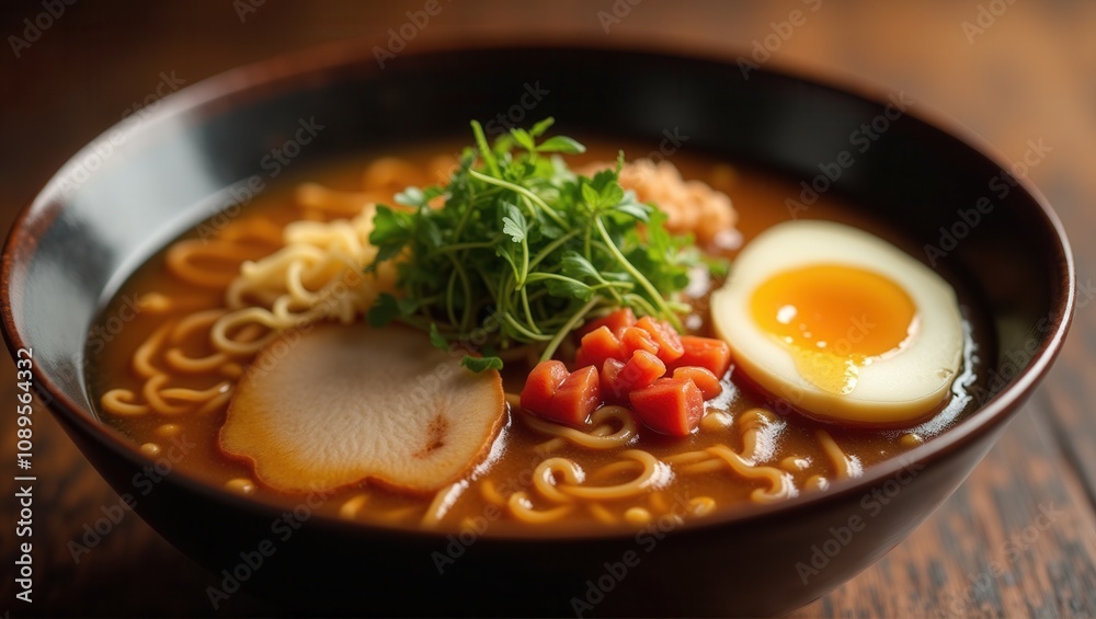Steaming bowl of ramen with egg, noodles, pork, and greens on a wooden table. Generative, AI,
Steaming bowl of ramen with egg, noodles, pork, and greens on a wooden table. Generative, AI,