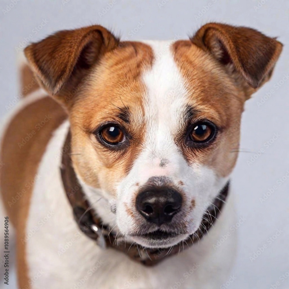 A high-resolution ultrarealistic image captures a small dog of dynamic brown and white fur, with an expressive face holding a worn brown leather leash in its mouth, ready for a walk. The digital art t A high-resolution ultrarealistic image captures a small dog of dynamic brown and white fur, with an expressive face holding a worn brown leather leash in its mouth, ready for a walk. The digital art t