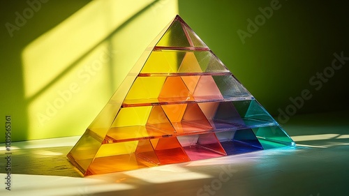 Geometric pyramid with vibrant colors in a sunlit room photo