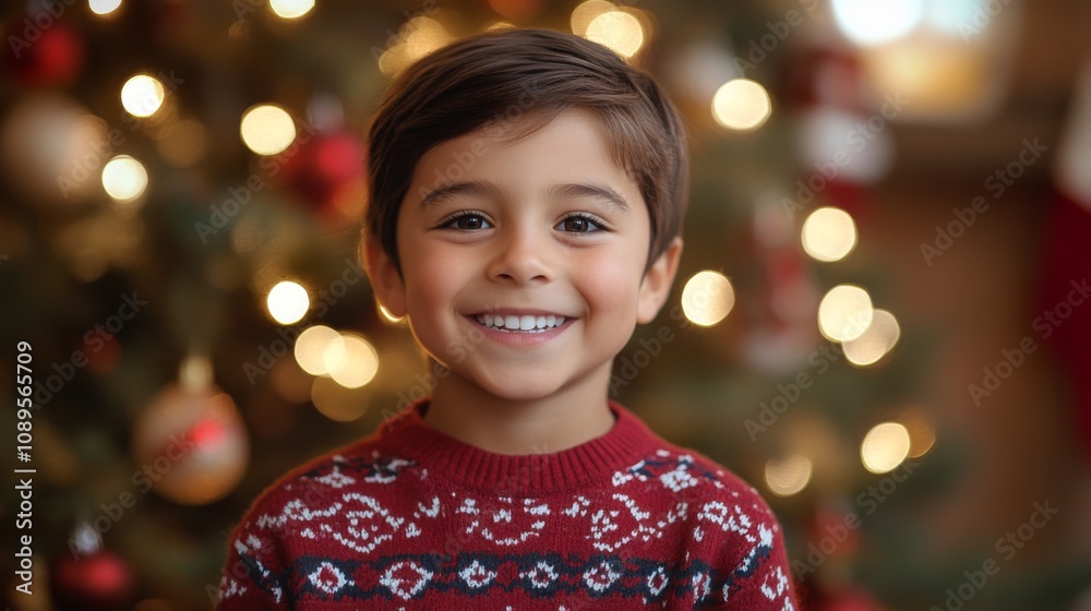 Happy Child Smiling Christmas Sweater Lights Background Happy Child Smiling Christmas Sweater Lights Background