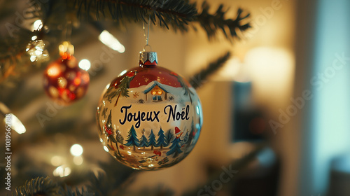 Christmas Ornaments Featuring Joyeux Noël in Vibrant Handwritten Script on Festive Tree Settings photo