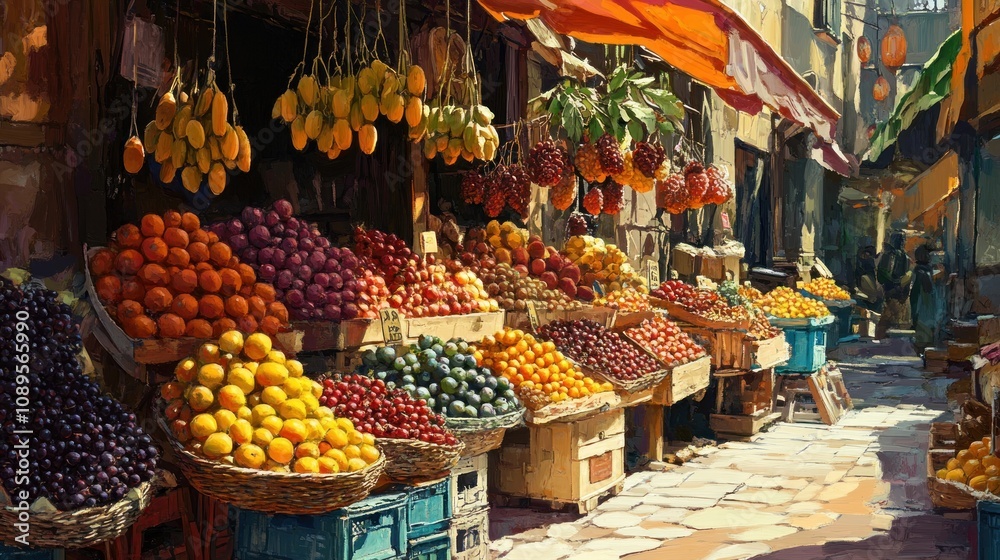 Vibrant Open-Air Market Displaying Fresh Fruits and Colors in a Lively Setting with Sunlit Atmosphere and Old-World Charm in Urban Environment Vibrant Open-Air Market Displaying Fresh Fruits and Colors in a Lively Setting with Sunlit Atmosphere and Old-World Charm in Urban Environment